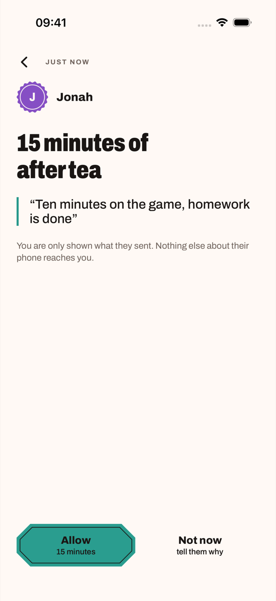 The keyholder's screen on an iPhone. Jonah has asked for 15 minutes of a game after tea, with the reason he typed. Two answers at the bottom: Allow, and Not now.