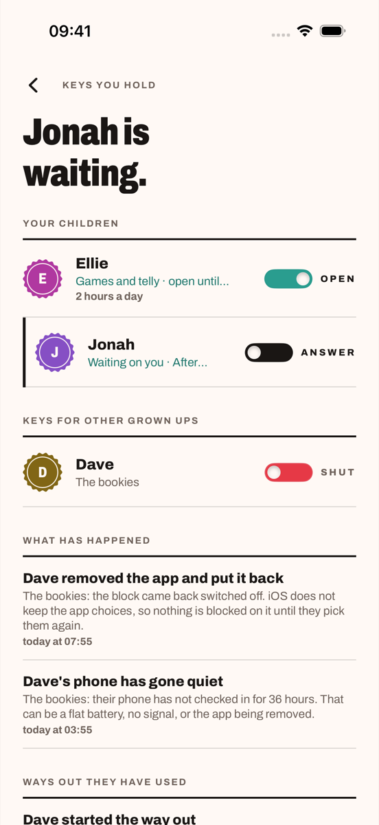 The keyholder's list of keys, with a record underneath of what has happened: the app was removed and put back, and a phone has not checked in for 36 hours.