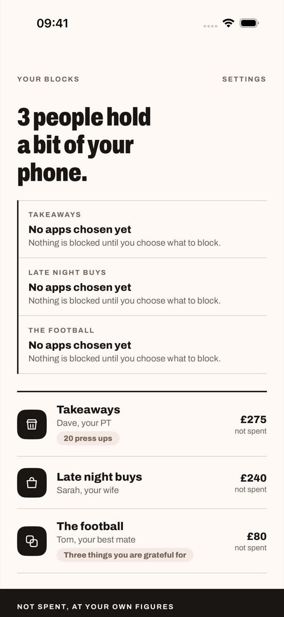The home screen on an iPhone. It reads: 3 people hold a bit of your phone. Below, three blocks with the name of the person holding each and what has not been spent.
